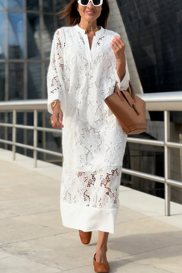 Confidence and Adventure Flower Lace V-neck Bell Sleeve Loose Midi Dress-consonak