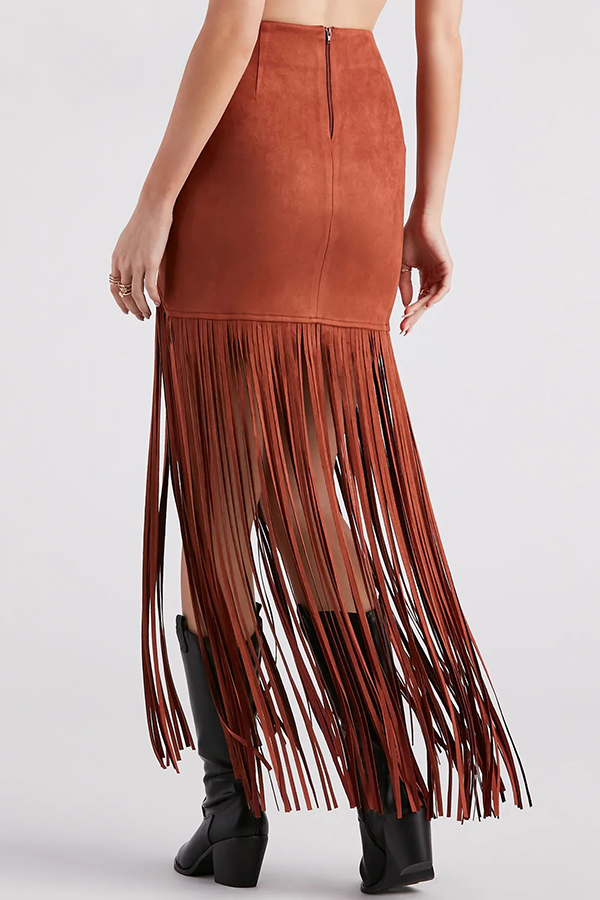 Stylish Tassel Hem Slim-fit Suede Casual Midi Skirt-consonak