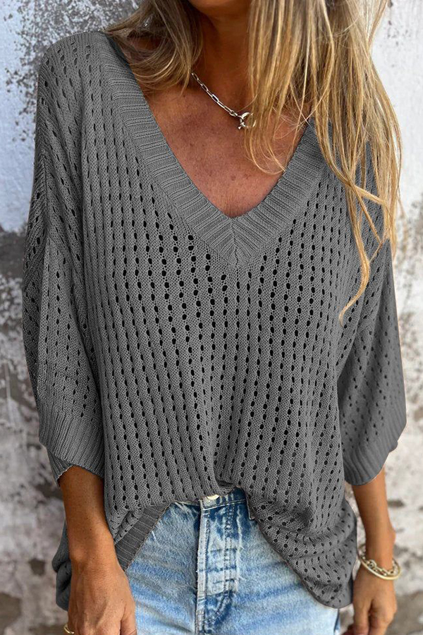 Fashionable Hollow V-neck Long-sleeved Casual Loose Knitted Top-consonak