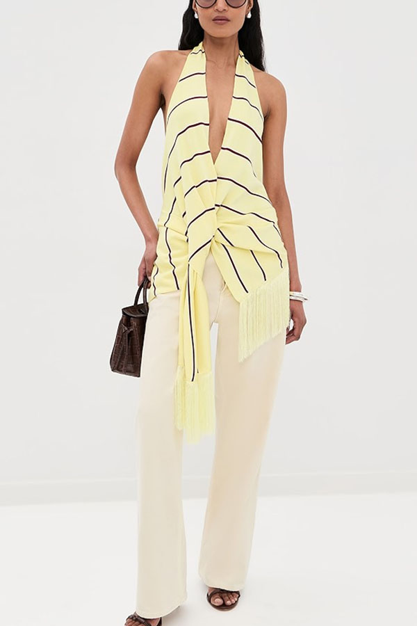 Laine Striped Print V-neck Fringed Hem Twist Drape Halter Tank-consonak