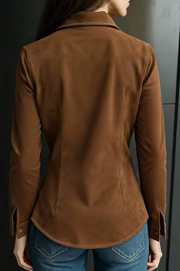 Stylish Suede Long-sleeved Button-down Casual Shirt | Consonak