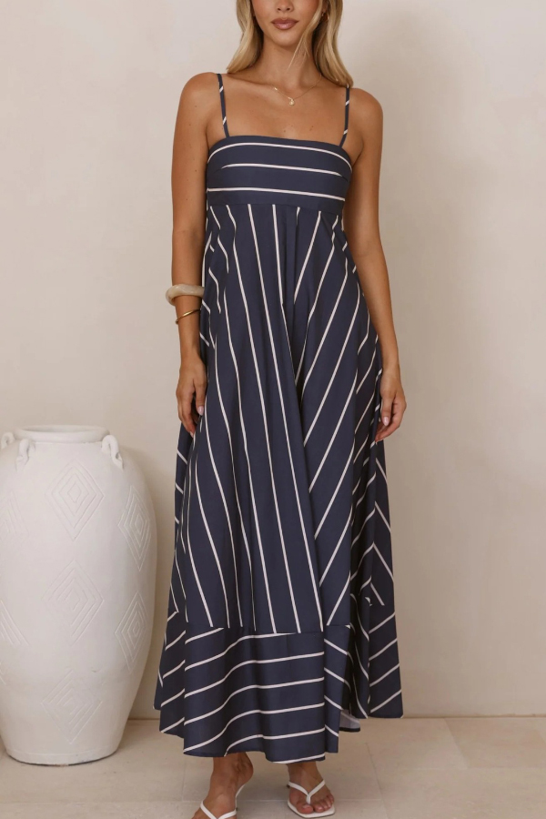 Striped Print Square Neck Spaghetti Strap High Waist Casual Maxi Dress-consonak