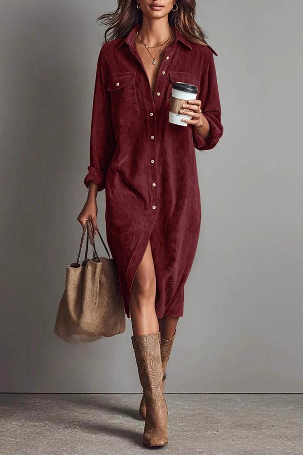 Solid Color Single-Breasted Pocket Casual Shirt-Style Midi Dress-consonak
