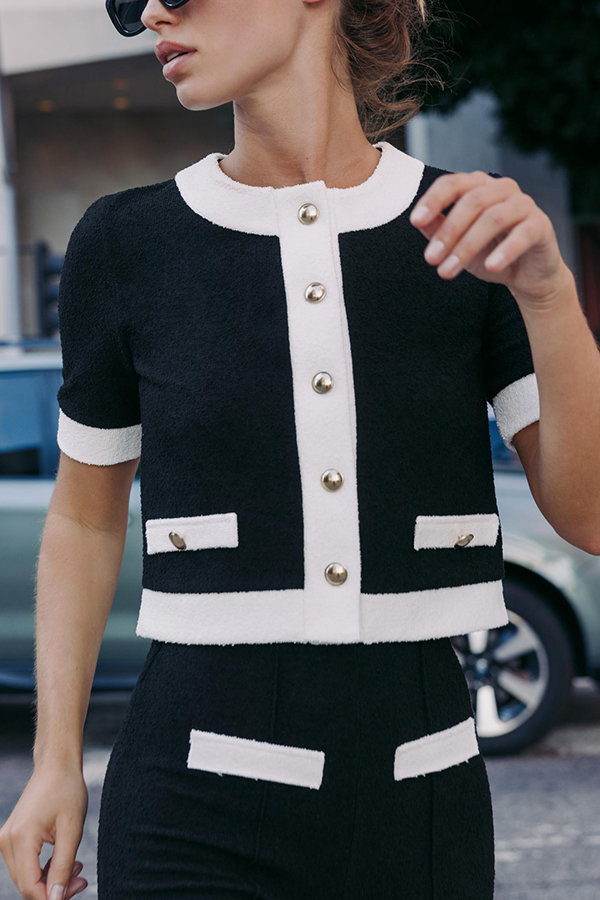 Fashionable Contrast Color Short-sleeved Button-down Top-consonak