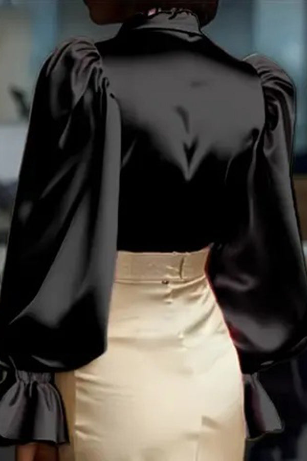 Solid Color Satin Puff Sleeve Casual Button-down Shirt-consonak