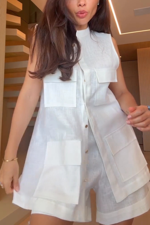 Linen Blend Solid Color Button Pocket Loose Top and Elastic Waist Casual Shorts Set
