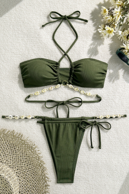 Solid Color Shell Beaded Halter Neck Tie Two-piece Elastic Bikini Swimsuit