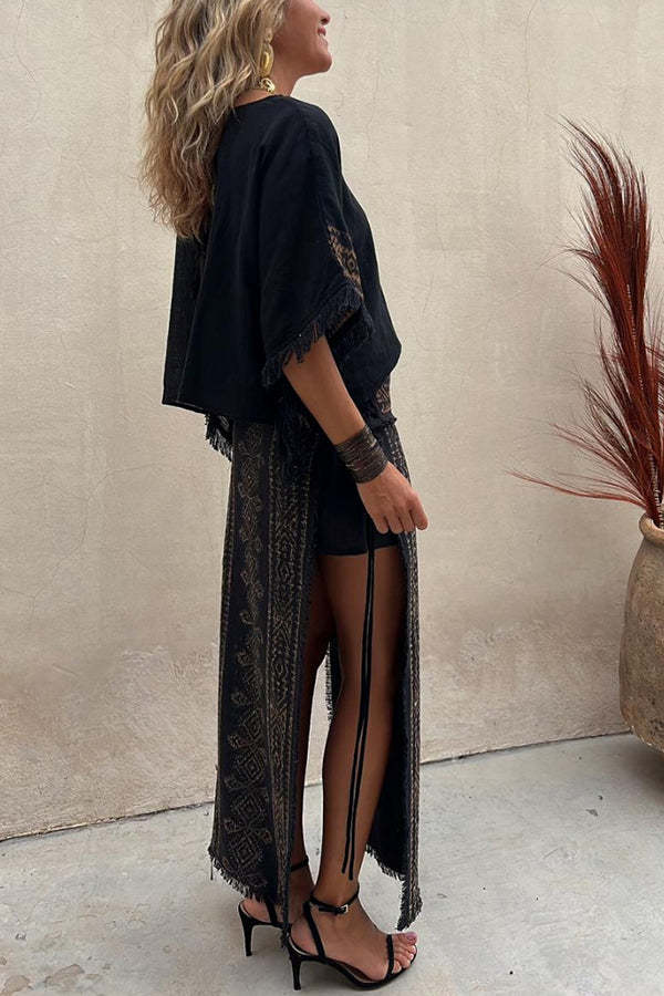 Alana Linen Blend Ethnic Print Patchwork Side Lace-up Maxi Skirt-consonak