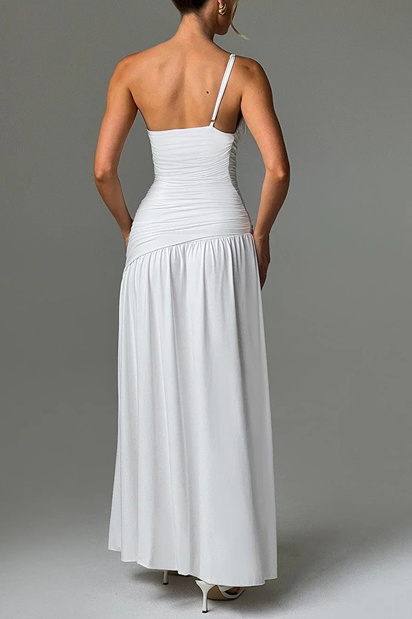 Sexy One-shoulder Strap Gathered Slim Fit Slit Maxi Dress-consonak
