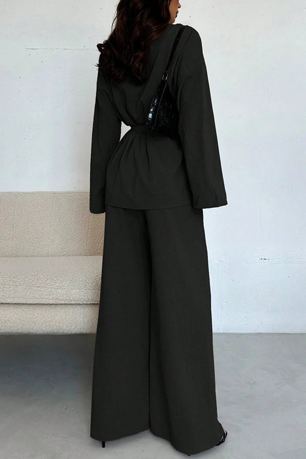 Solid Color Collared Long-sleeved Tie-waist Loose Top and Elastic Waist Casual Wide-leg Pants Set-consonak