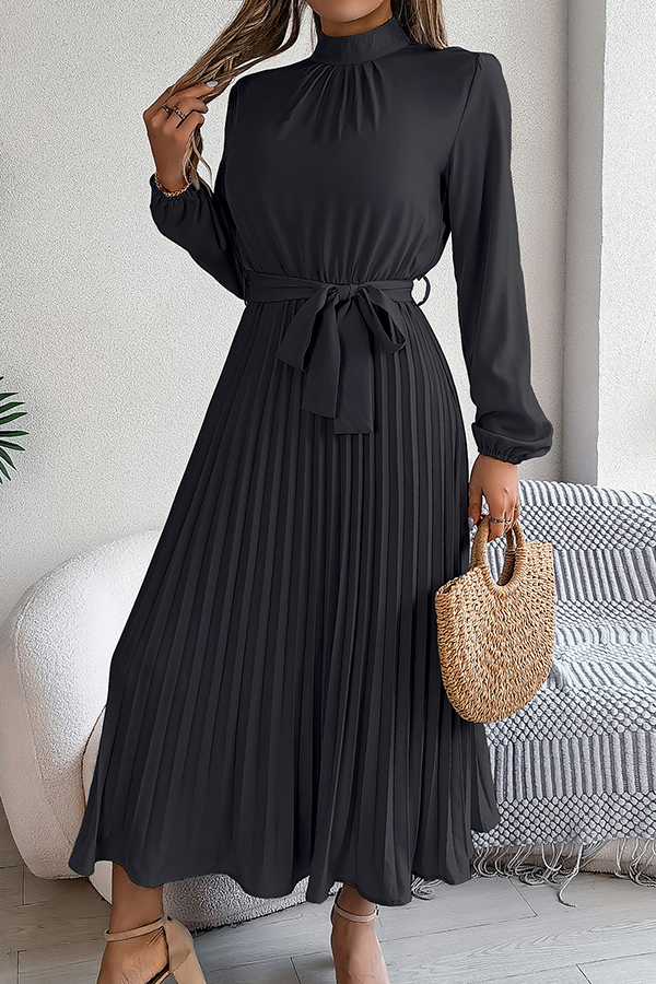 Elegant Stand-collar Long-sleeve Waisted Tie-up Pleated Midi Dress-consonak