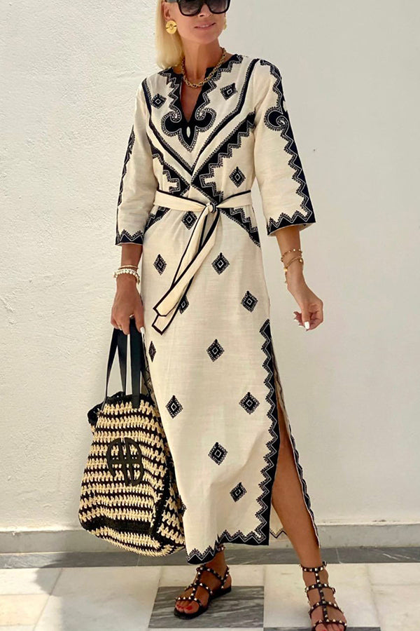 Quiet Atmosphere Linen Blend Ethnic Print Belted Midi Dress-consonak