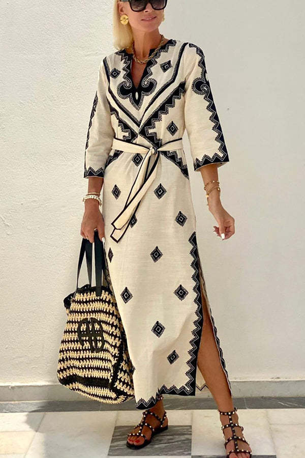 Quiet Atmosphere Linen Blend Ethnic Print Belted Midi Dress-consonak