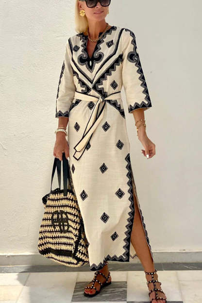 Quiet Atmosphere Linen Blend Ethnic Print Belted Midi Dress-consonak