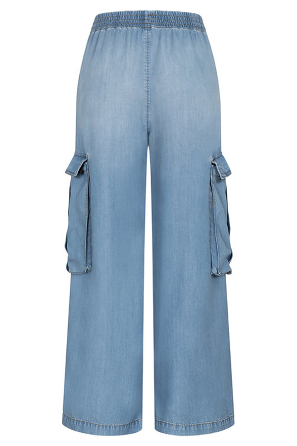 Winnie Denim Mid Rise Elastic Waist Flap Pockets Wide Leg Cargo Pants