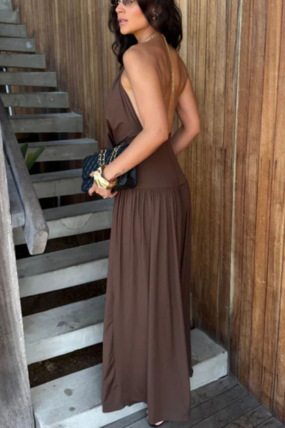 Lightweight Chic Metal Ring Drape Cowl Halter Neck Bodysuit and Elastic Waist Wide Leg Pants Set-consonak