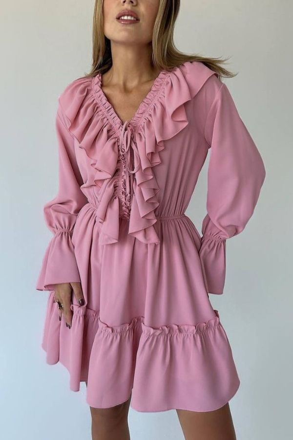 Solid Color V-neck Ruffled Ruched Long-sleeved Vacation Mini Dress | Consonak