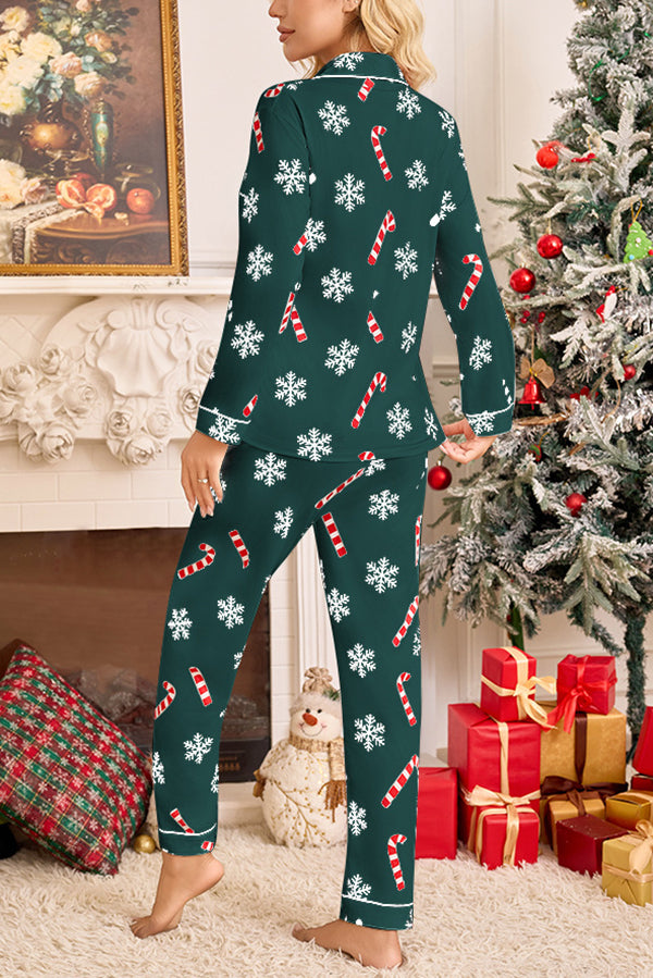 Snowflake Candy Print Casual Long-sleeved Shirt and Elastic Waist Pants Set-consonak