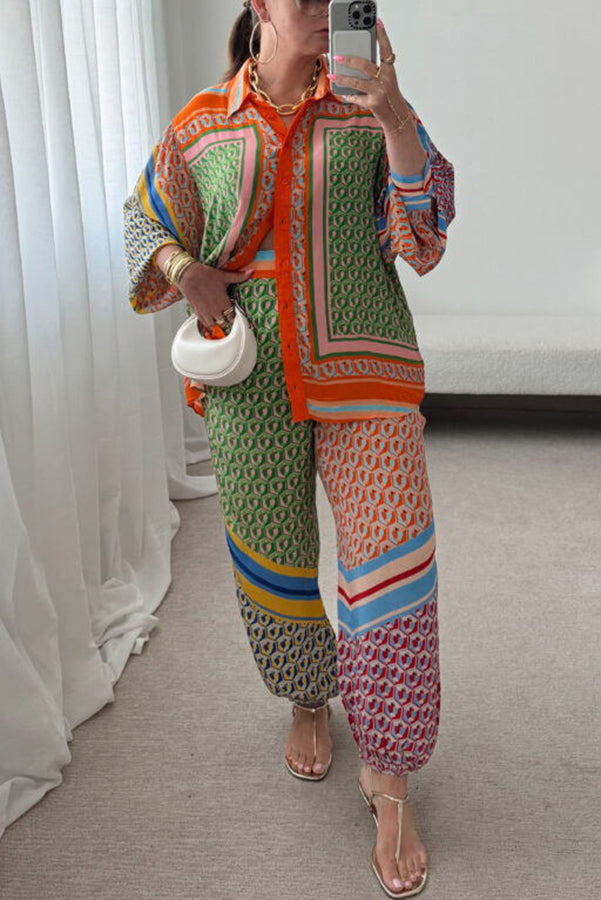 Brazil's Joyful Spirit Colorful Unique Print Balloon Sleeve Button Loose Shirt-consonak