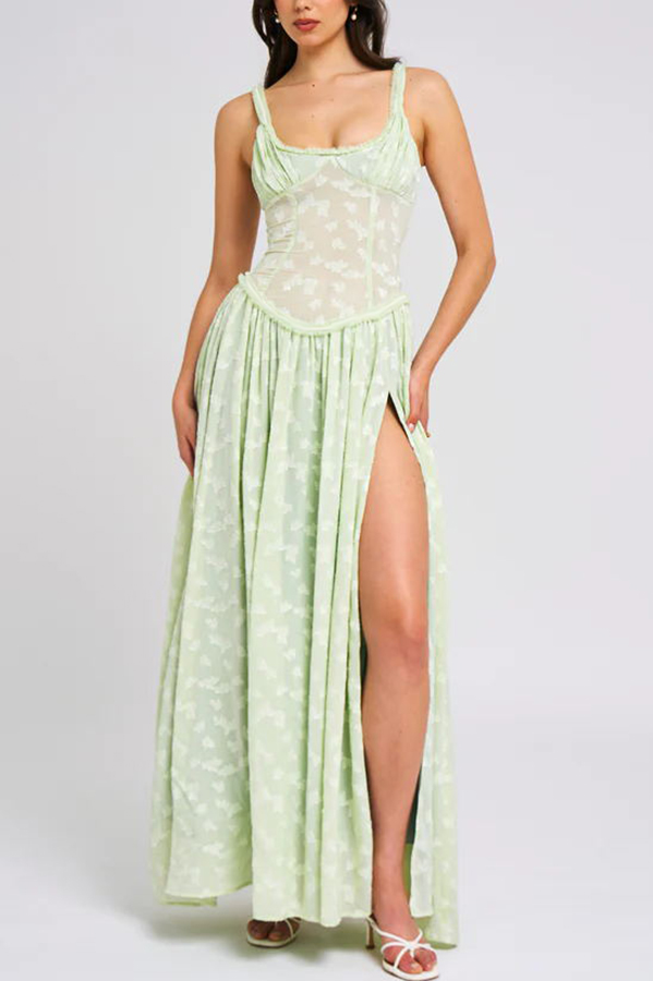 Garden Elf Lace Jacquard Textured Square Neck High Slit Maxi Dress-consonak
