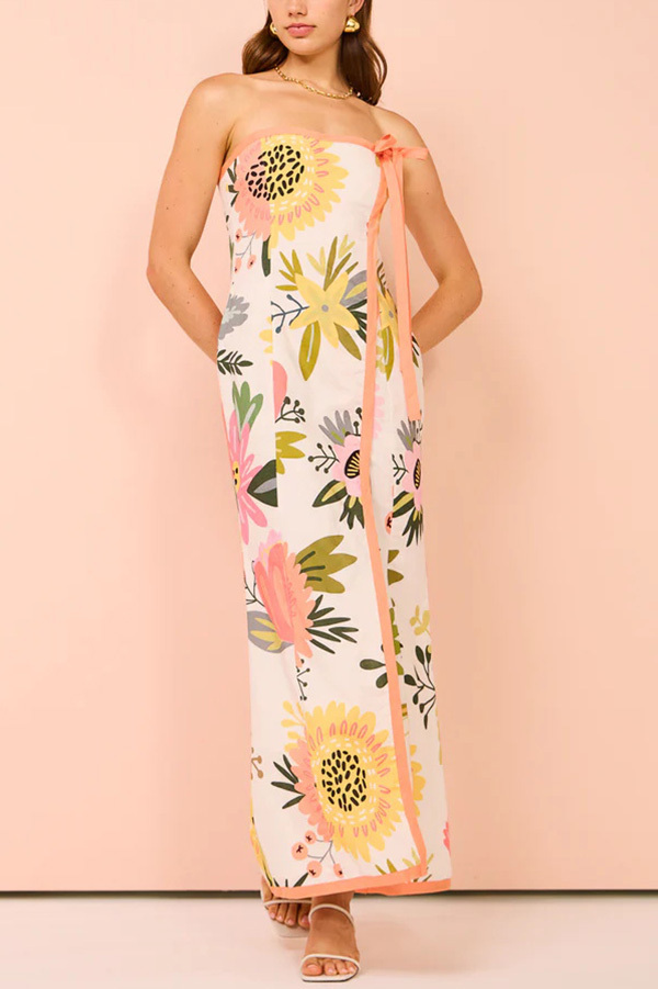 Inessa Linen Blend Floral Print Strapless Wrap Bow Maxi Dress-consonak