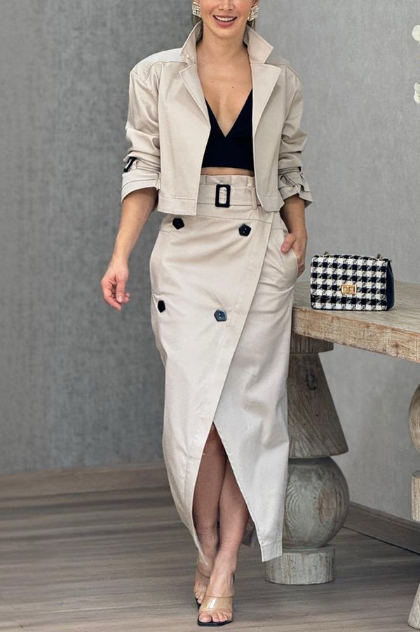 Work Style Lapel Long Sleeve Jacket and Button Belt Pocketed Slit Midi Skirt Set | Consonak