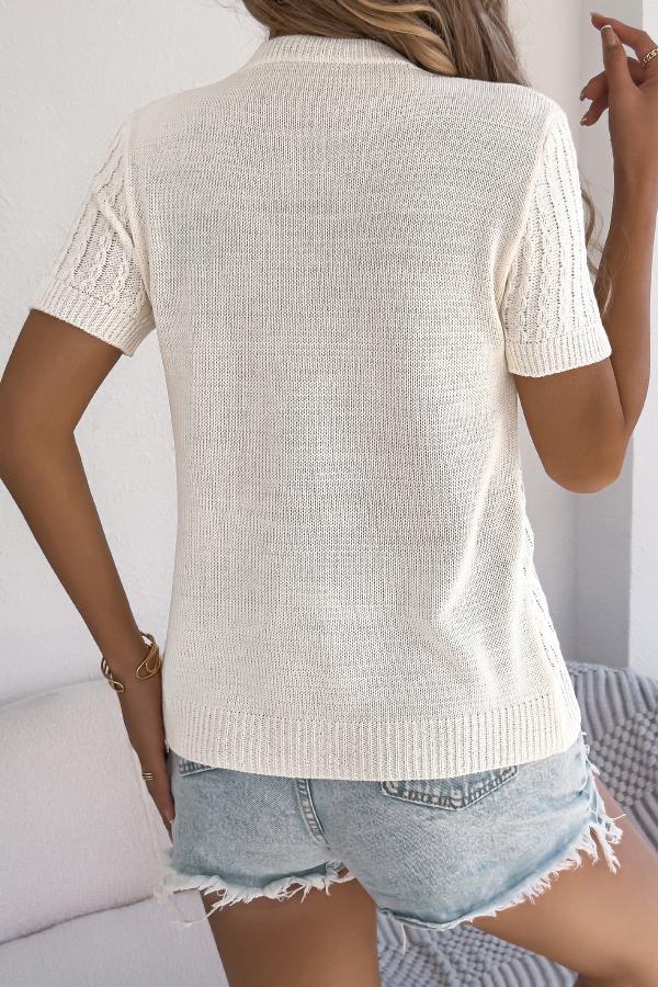 Solid Color Openwork Round Neck Short-sleeved Knit Cardigan-consonak