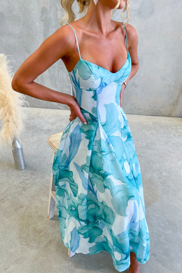 Floral Print Spaghetti Strap Backless Holiday Maxi Dress-consonak