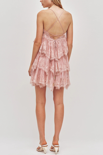 Ophelia Layered Lace Trim Tiers Adjustable Straps Backless A-line Mini Dress