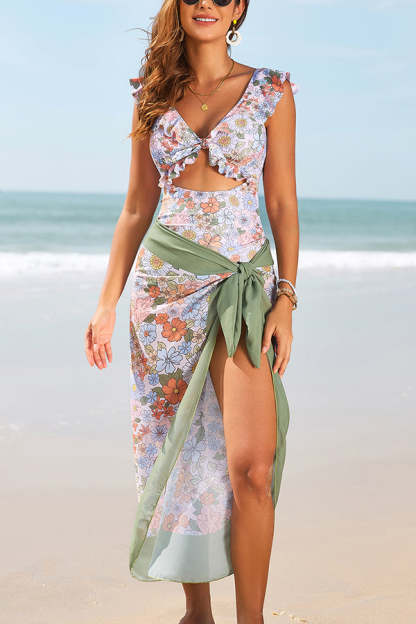 Printed V-neck Ruffled Stretch One-piece Swimsuit and Elegant Tulle Scarf Set-consonak