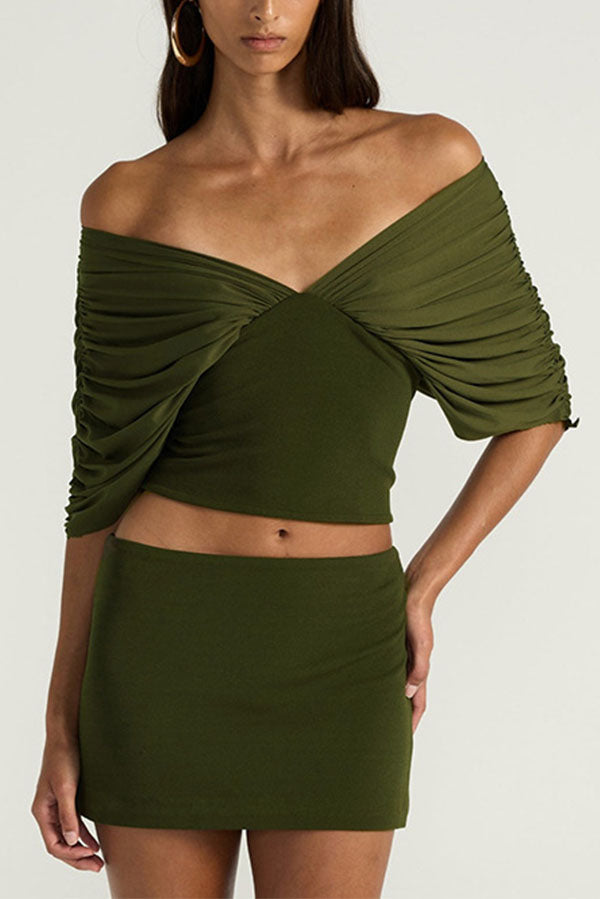 Sienna Olive Ruched Off-The-Shoulder 2-Piece Matching Set-Consonak