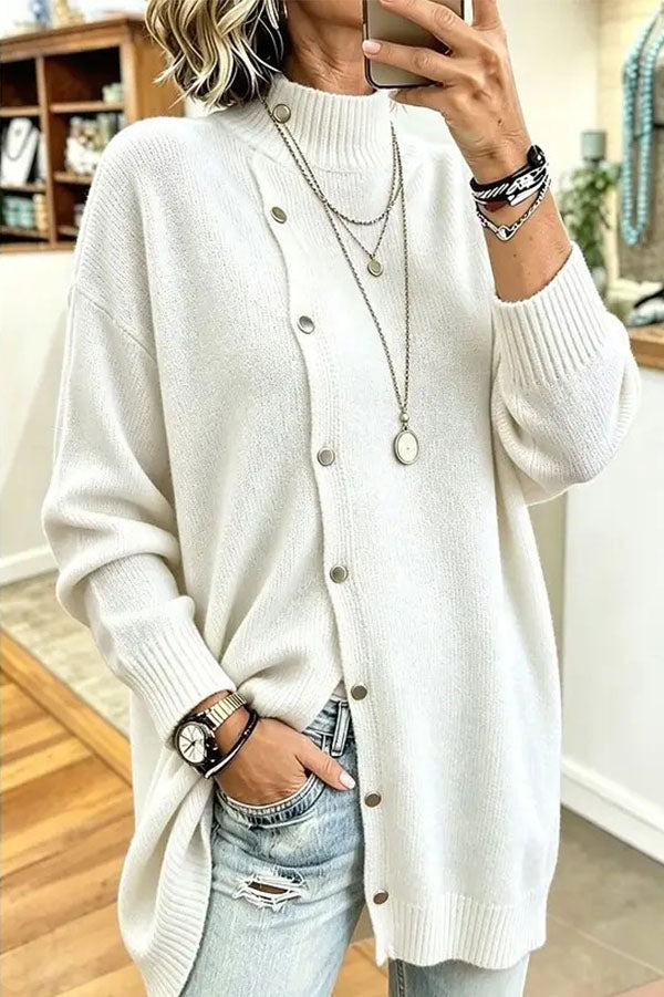 Warm Season Knit Turtleneck Button-down Long Sleeve Loose Sweater-Consonak