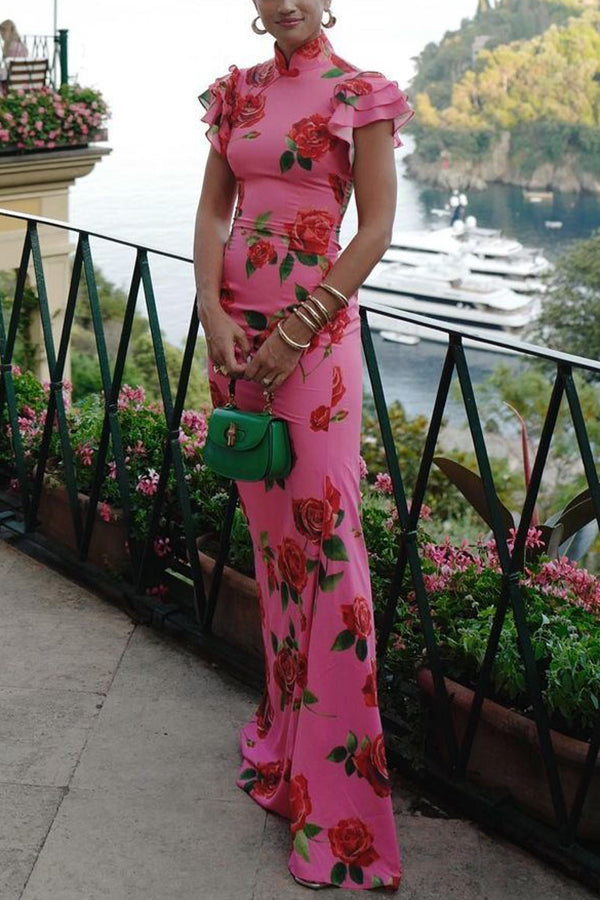 Elegant party cheongsam style rose print layered flared sleeve elastic long skirt | Consonak