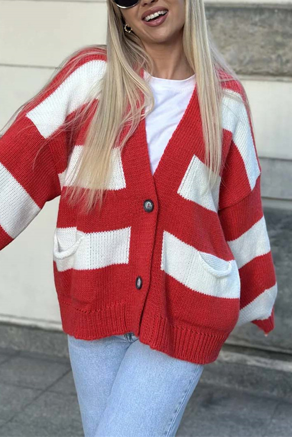 Casual V-neck Long-sleeved Striped Pocket Knitted Cardigan-consonak