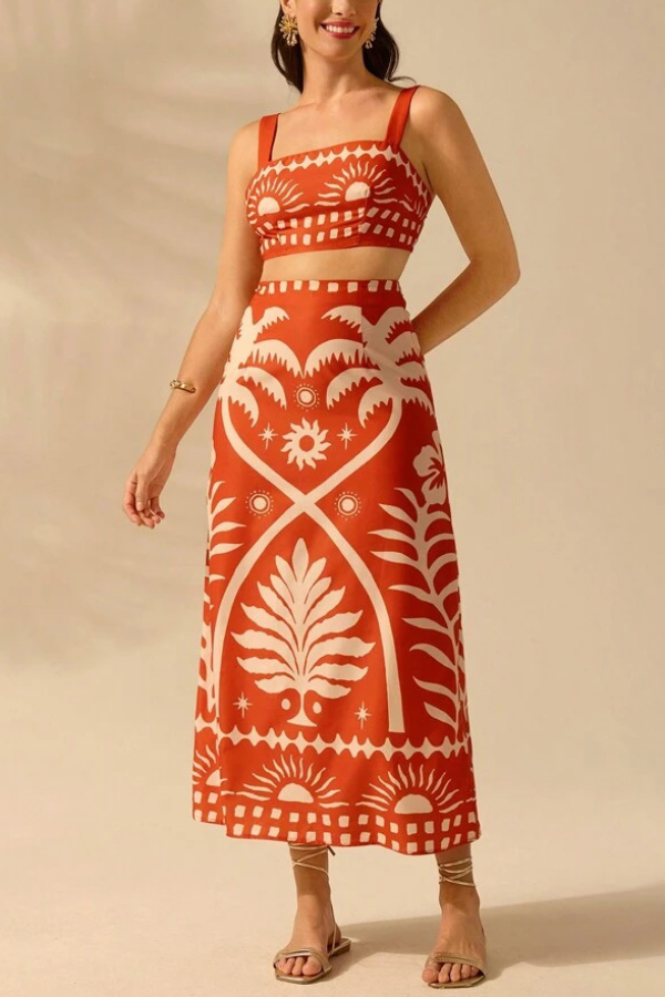 Holiday Print Square Neck Back Bow Top and Casual Maxi Skirt Set