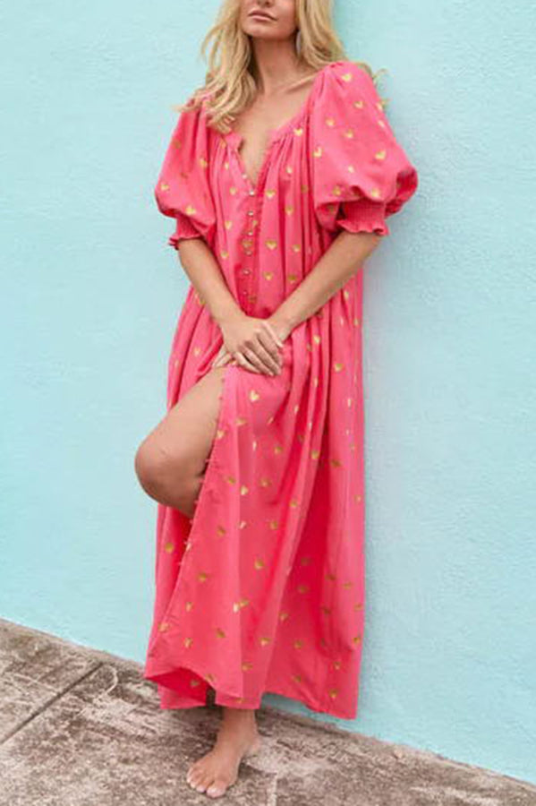 Valentine's Day Gold Heart Print Puff Sleeve Button Pocketed Loose Maxi Dress-consonak