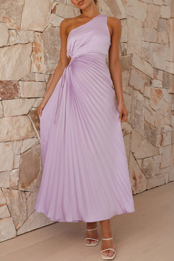 Charming One Shoulder Lace Up Cutout Pleated Maxi Dress-consonak