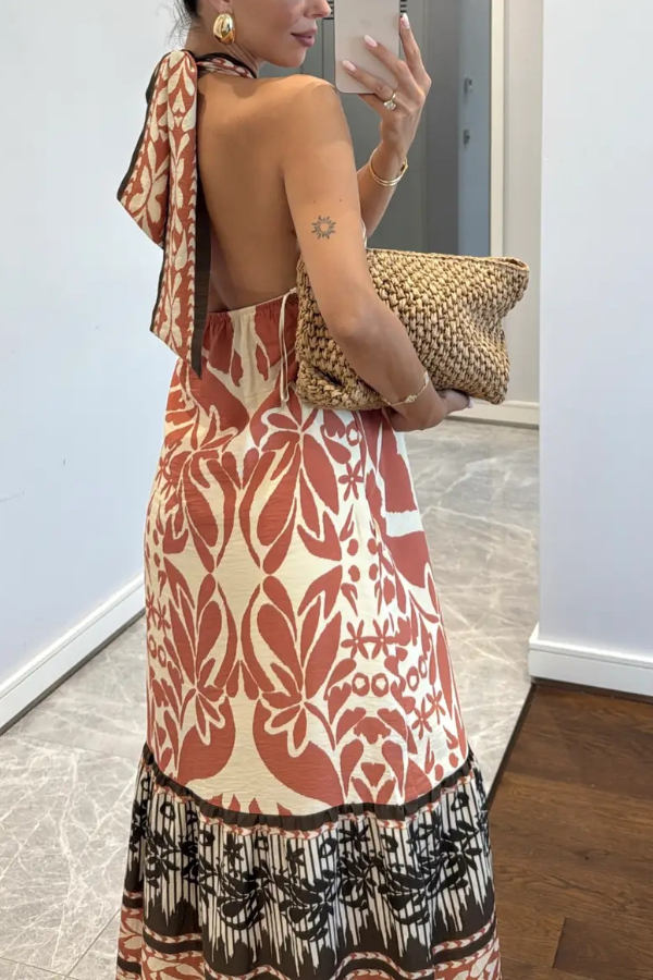Bohemian Style Unique Print Halter Neck Casual Vacation Maxi Dress