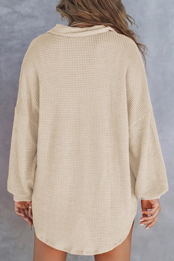 Solid Color Waffle Loose Casual Knitted Pocket Top-consonak