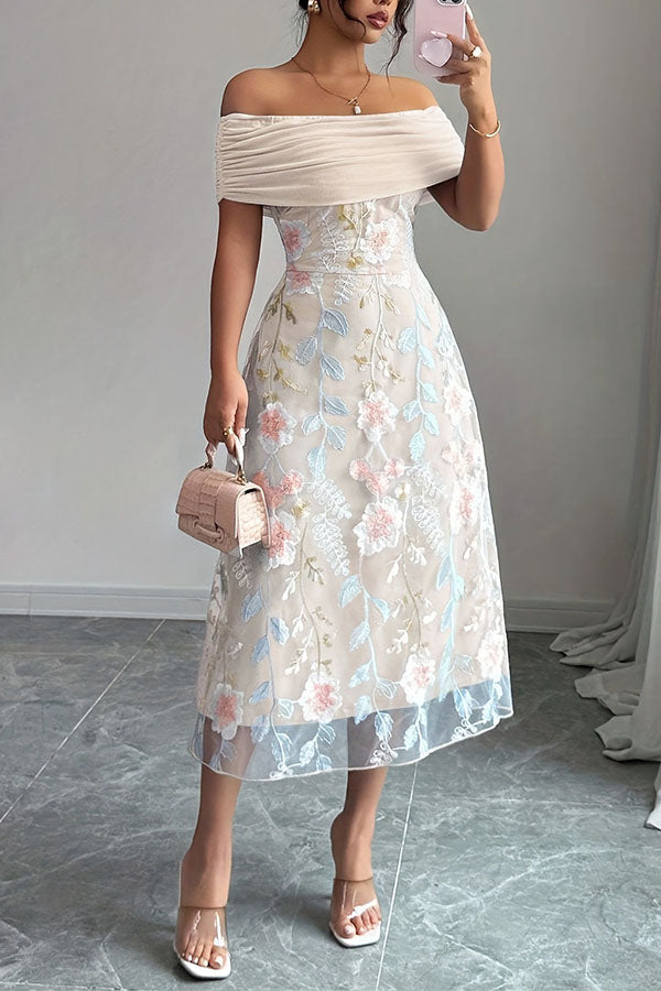 Elegant Ruched Off-Shoulder Floral Appliqué Midi Dress-Consonak