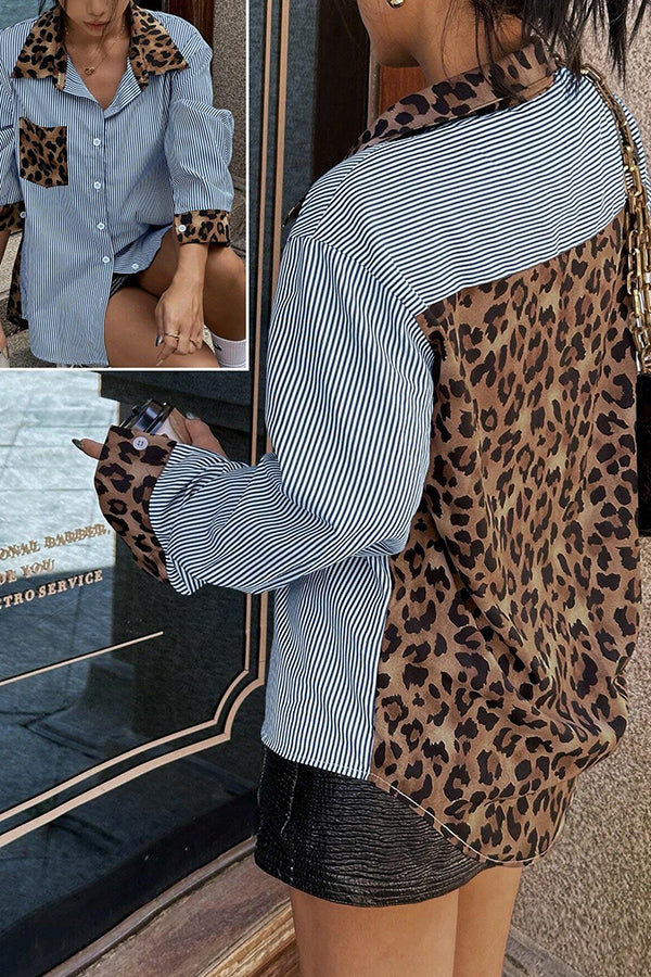 Stylish Striped Leopard Print Patchwork Loose Casual Long-sleeved Shirt-consonak