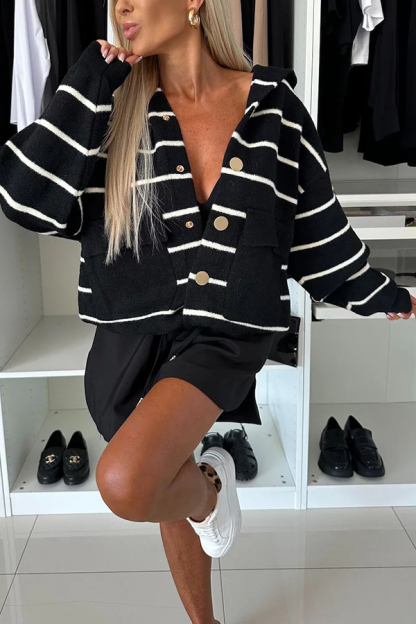 Fashion and Comfort Knit Striped Button Up Pocketed Loose Hooded Cardigan-consonak