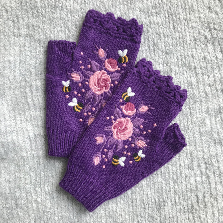Hand Embroidered Gloves Women's Knitted Gloves Flower Gloves | Consonak