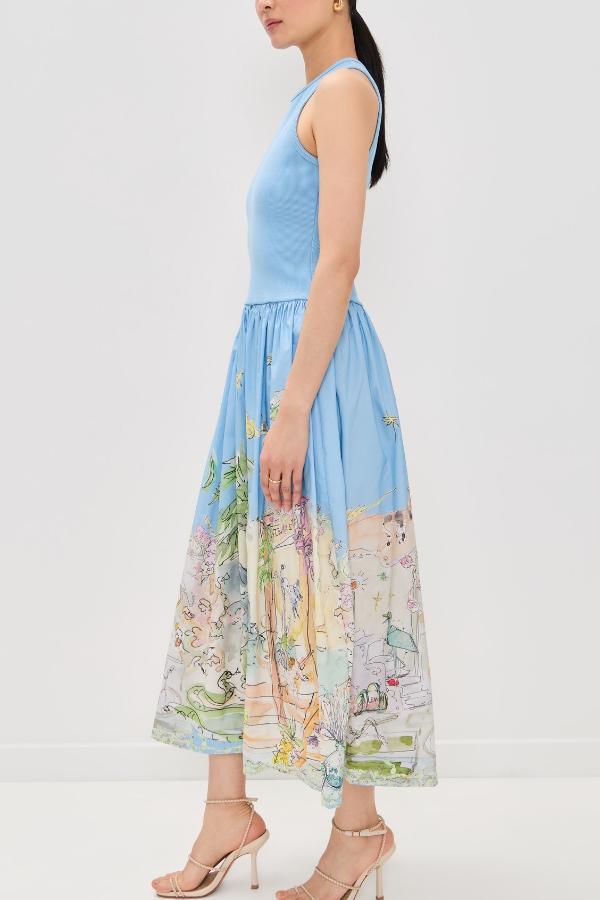 Ink Wash Print Round Neck Sleeveless Resort-style Midi Dress-consonak