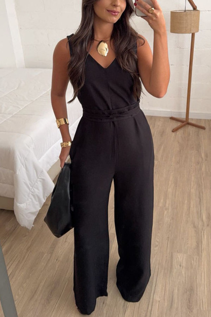 Elaris Linen Blend V-neck Tie-up Waist Pocketed H-line Wide Leg Jumpsuit-consonak