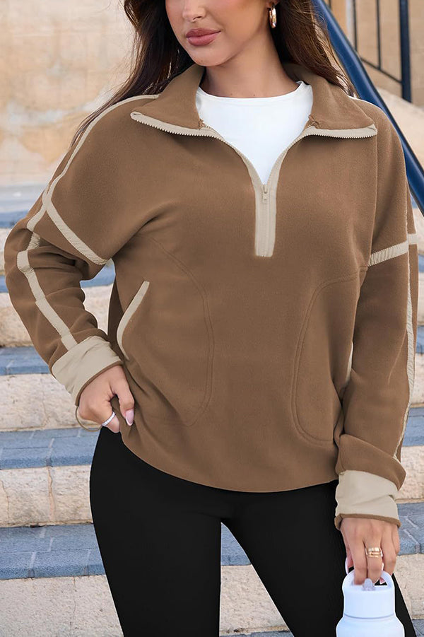 Stylish Color-blocked Trim Loose Casual Pocket Sweatshirt-consonak