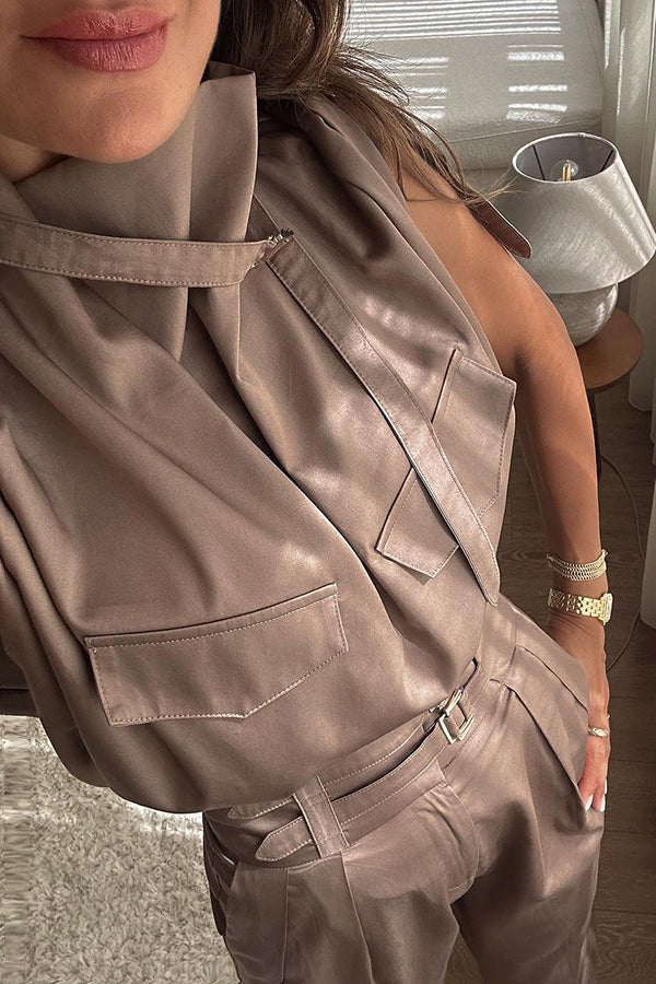 Statement Breast Pocket High Neck Top and Side Pocket Belt Long Pant Set-consonak