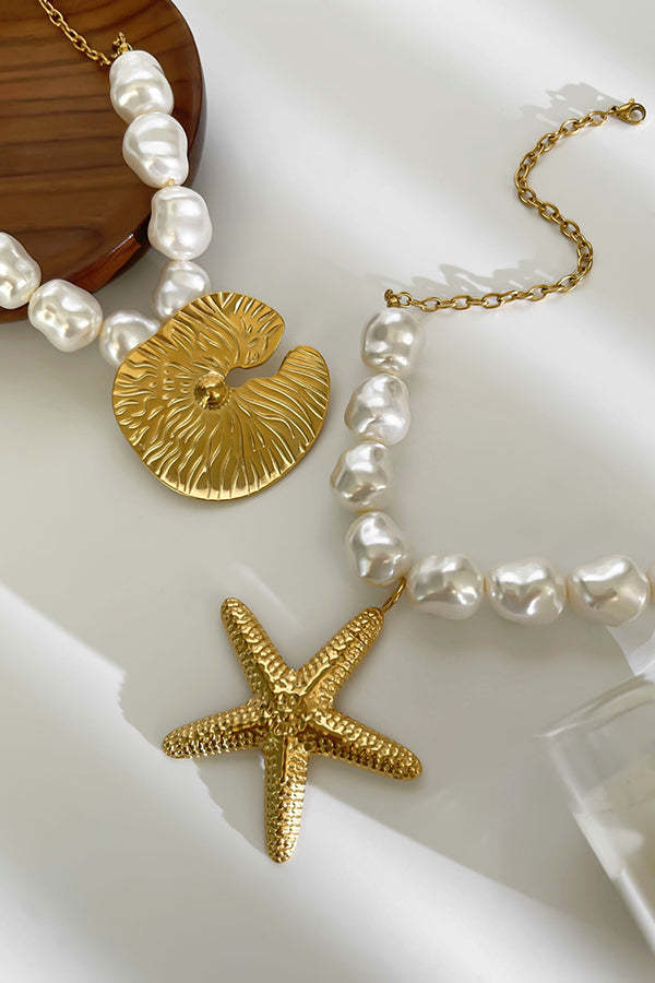 Bohemian Pearl Starfish Lotus Leaf Necklace-consonak