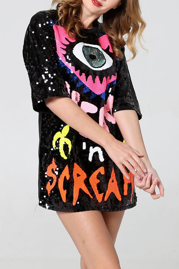 Love Eyes Letters Sequined Round Neck Short Sleeve Mid-Length Loose T-Shirt-consonak