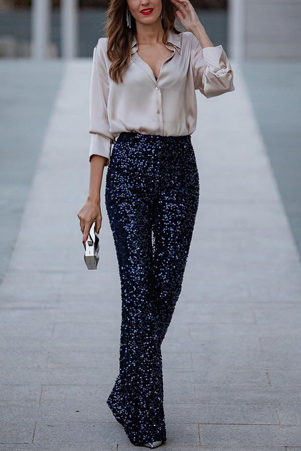 Diva Velvet Sequin High Rise Elastic Waist Flare Pants-consonak